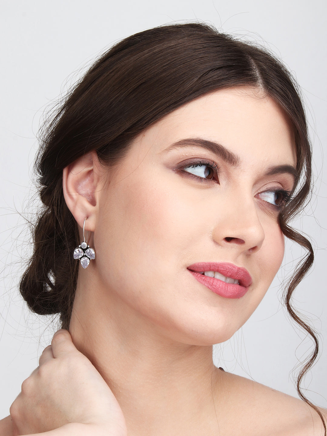 Silver Oxidised finish White stone work drop earring