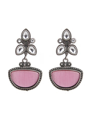 Silver Oxidised finish Pink & White AD stone drop earring