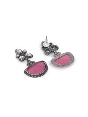 Silver Oxidised finish Pink & White AD stone drop earring
