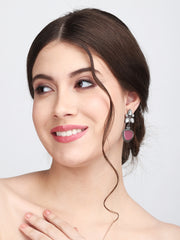 Silver Oxidised finish Pink & White AD stone drop earring