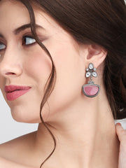 Silver Oxidised finish Pink & White AD stone drop earring