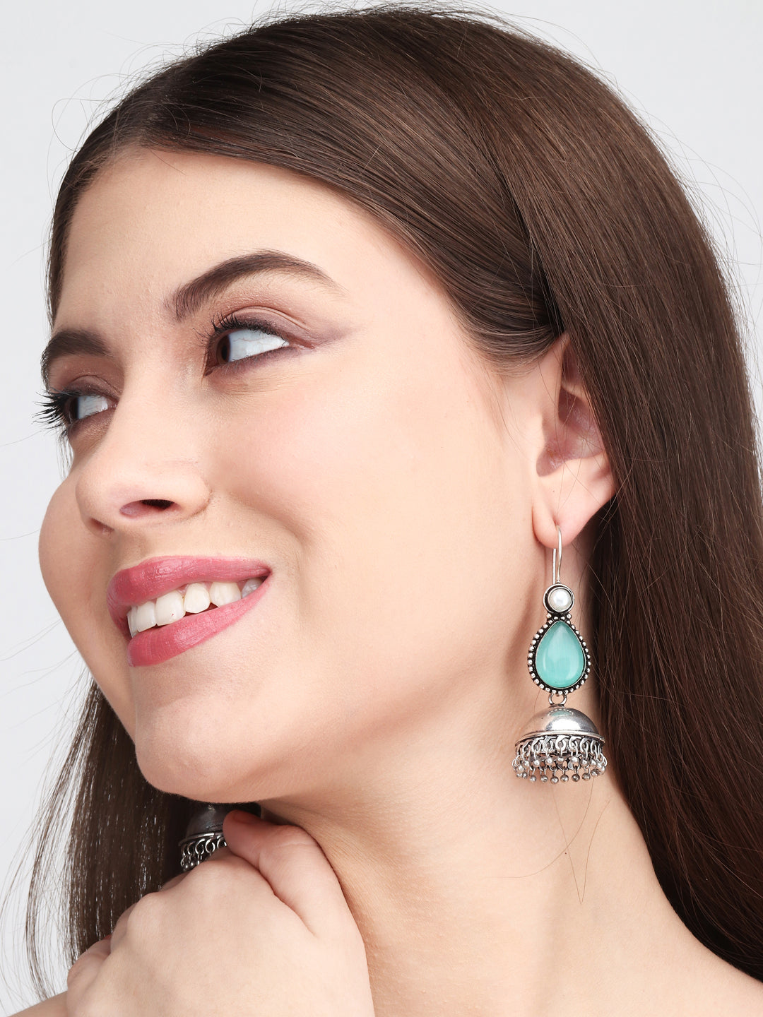 Contemporary drop Jhumka with Monalisa stone Green