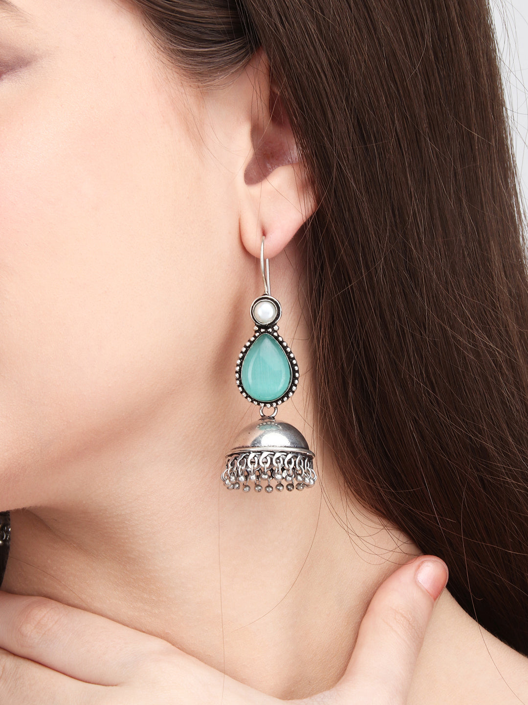 Contemporary drop Jhumka with Monalisa stone Green