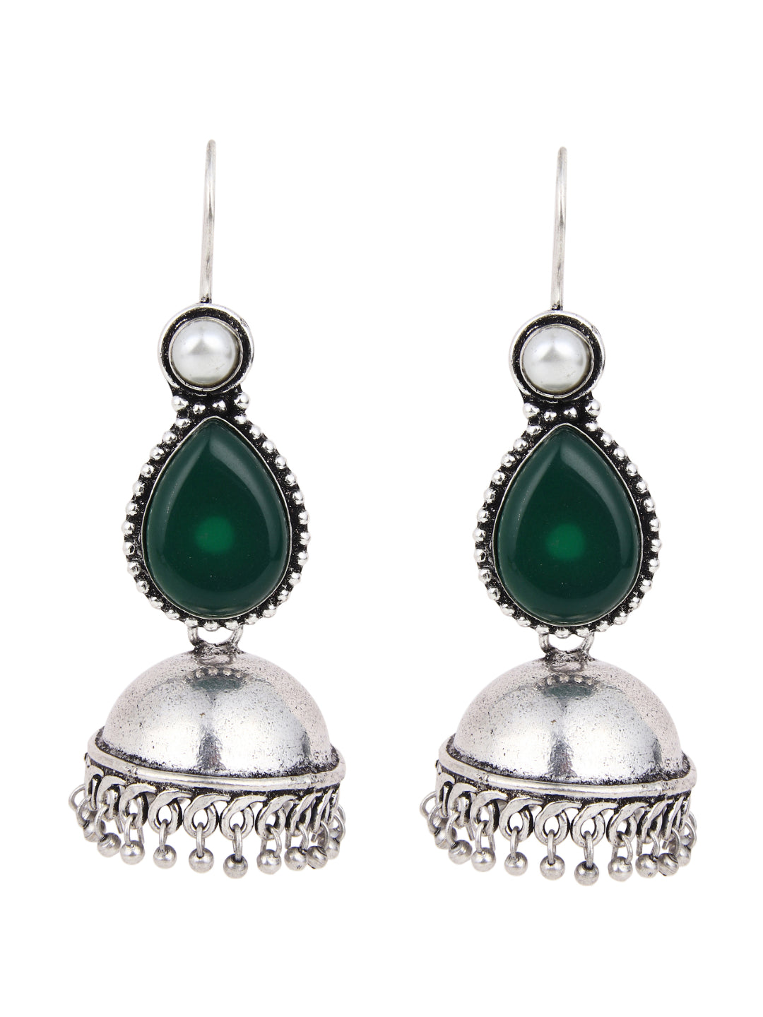 Contemporary drop Jhumka with Monalisa stone Dark Green