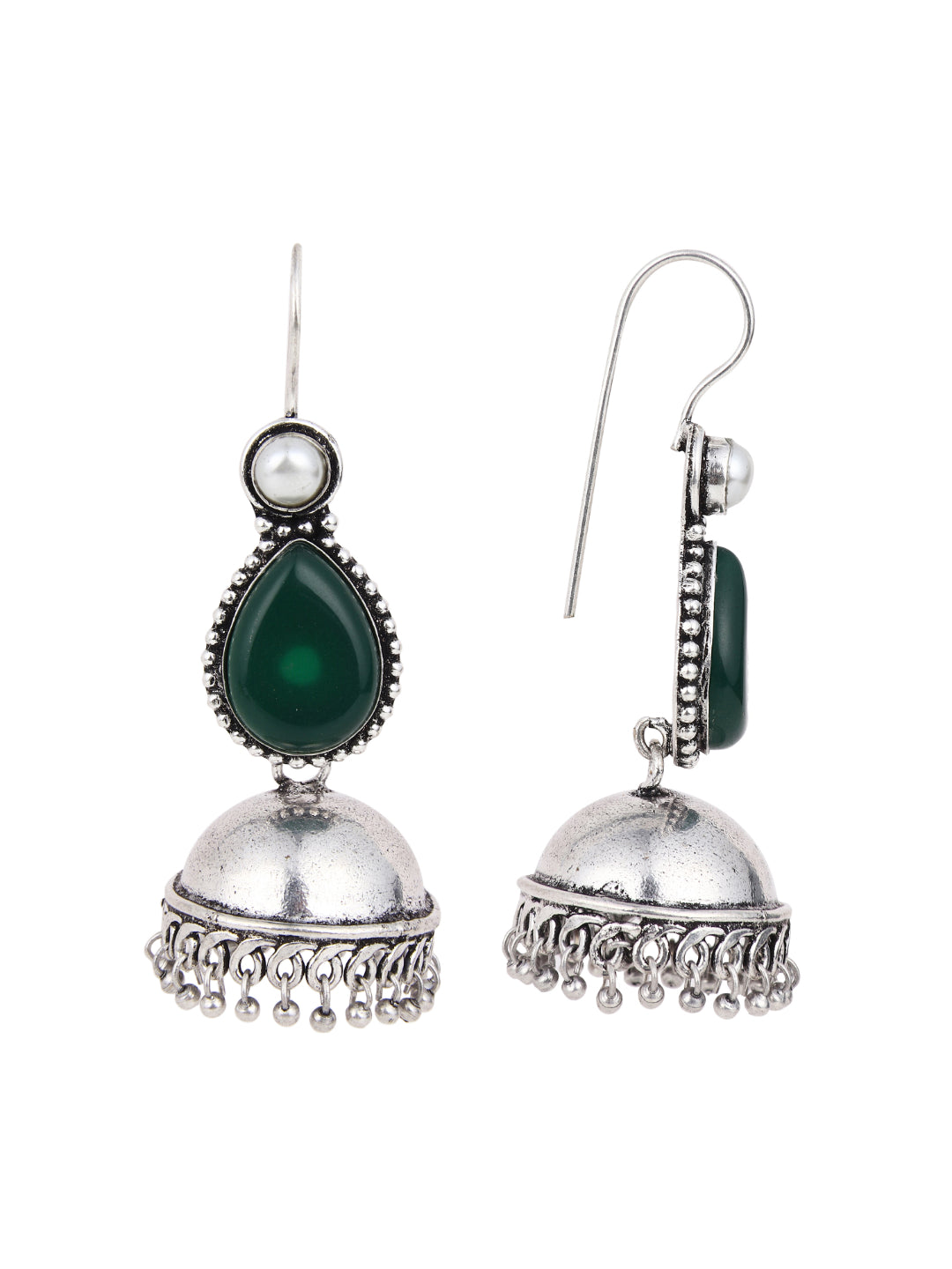 Contemporary drop Jhumka with Monalisa stone Dark Green