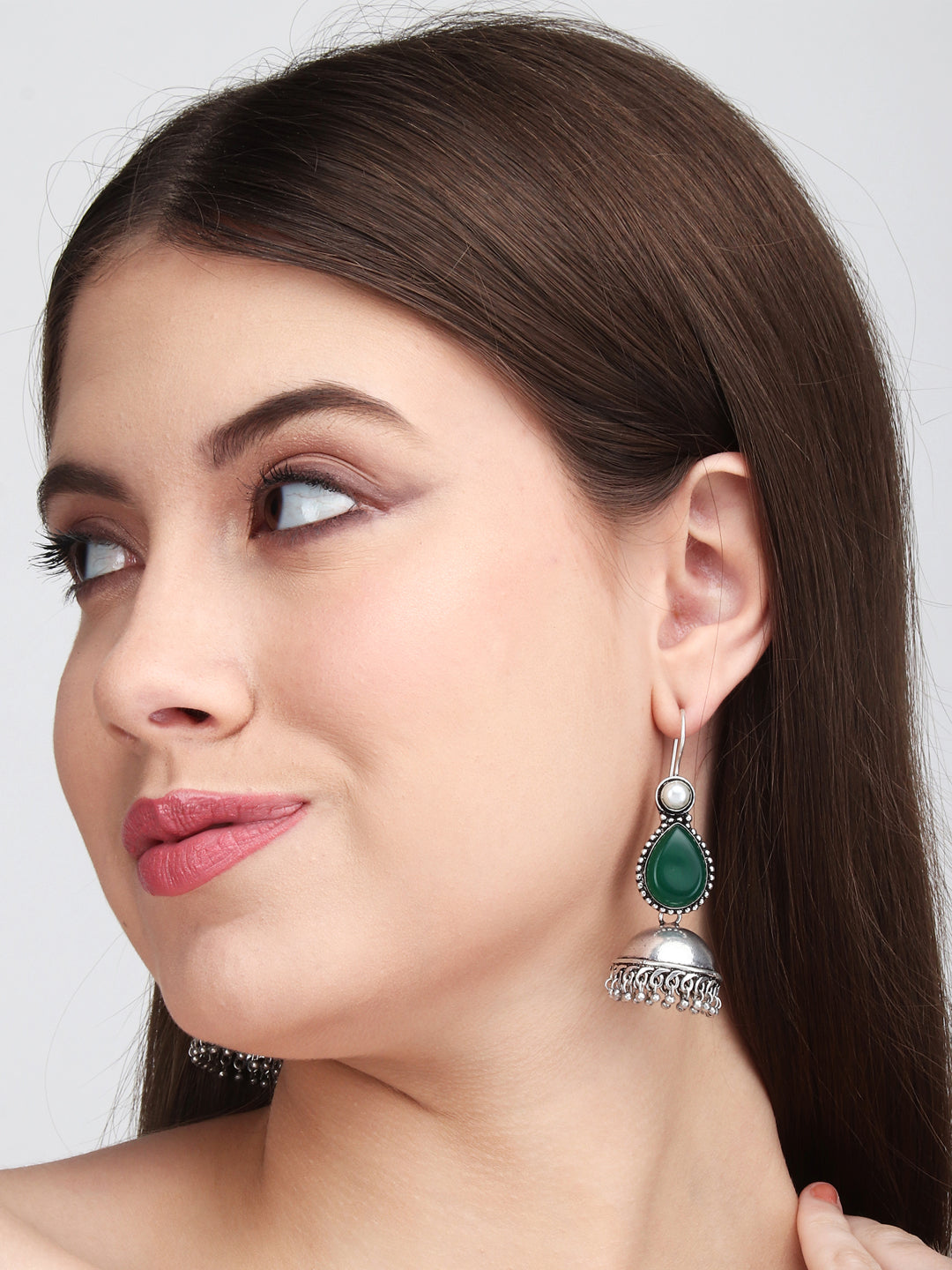 Contemporary drop Jhumka with Monalisa stone Dark Green