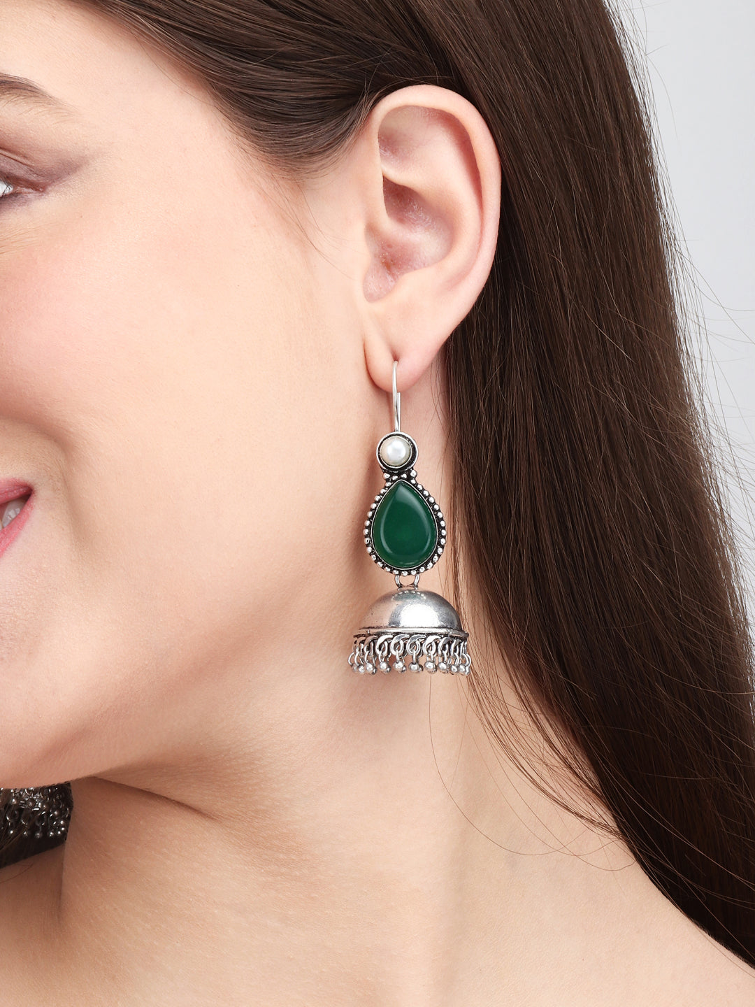 Contemporary drop Jhumka with Monalisa stone Dark Green