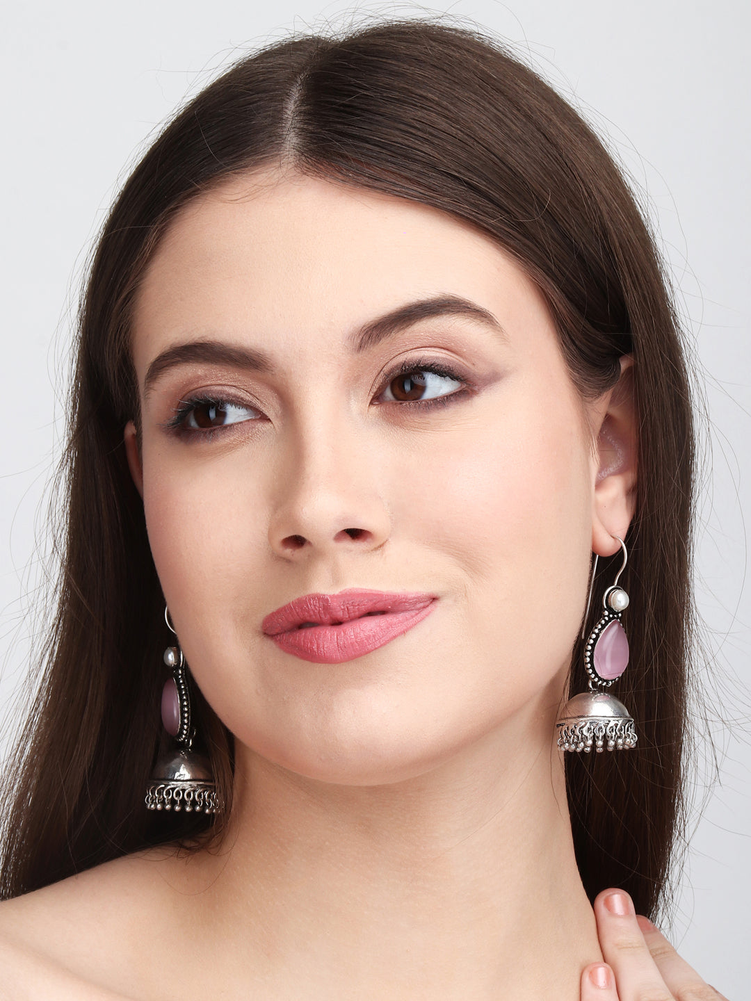 Contemporary drop Jhumka with Monalisa stone Pink