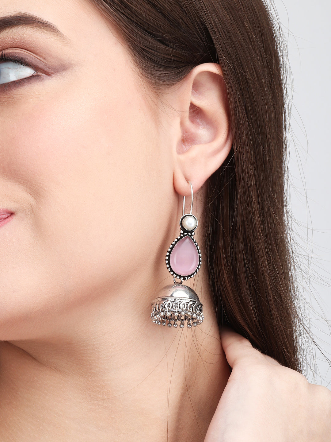 Contemporary drop Jhumka with Monalisa stone Pink