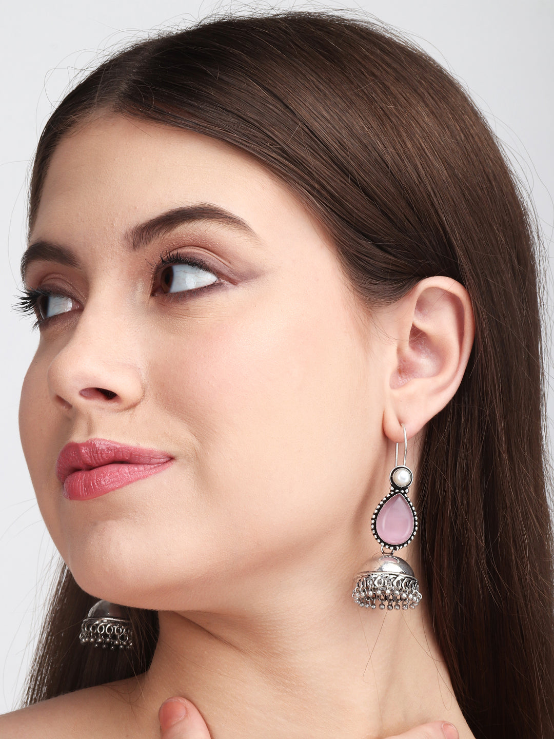 Contemporary drop Jhumka with Monalisa stone Pink