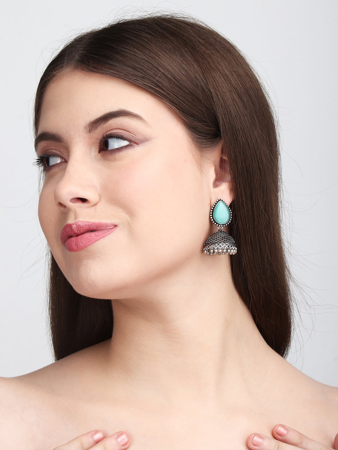 Contemporary Jhumka with Monalisa Stone - Mint