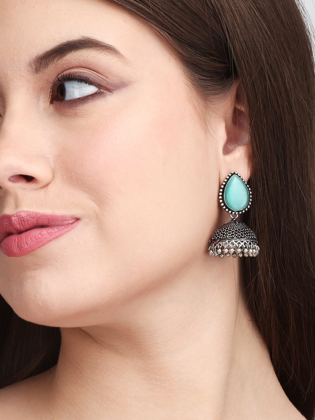 Contemporary Jhumka with Monalisa Stone - Mint