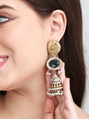 Contemporary Jhumka Style Earrings with Layered Glass & Embossed Metal Stud