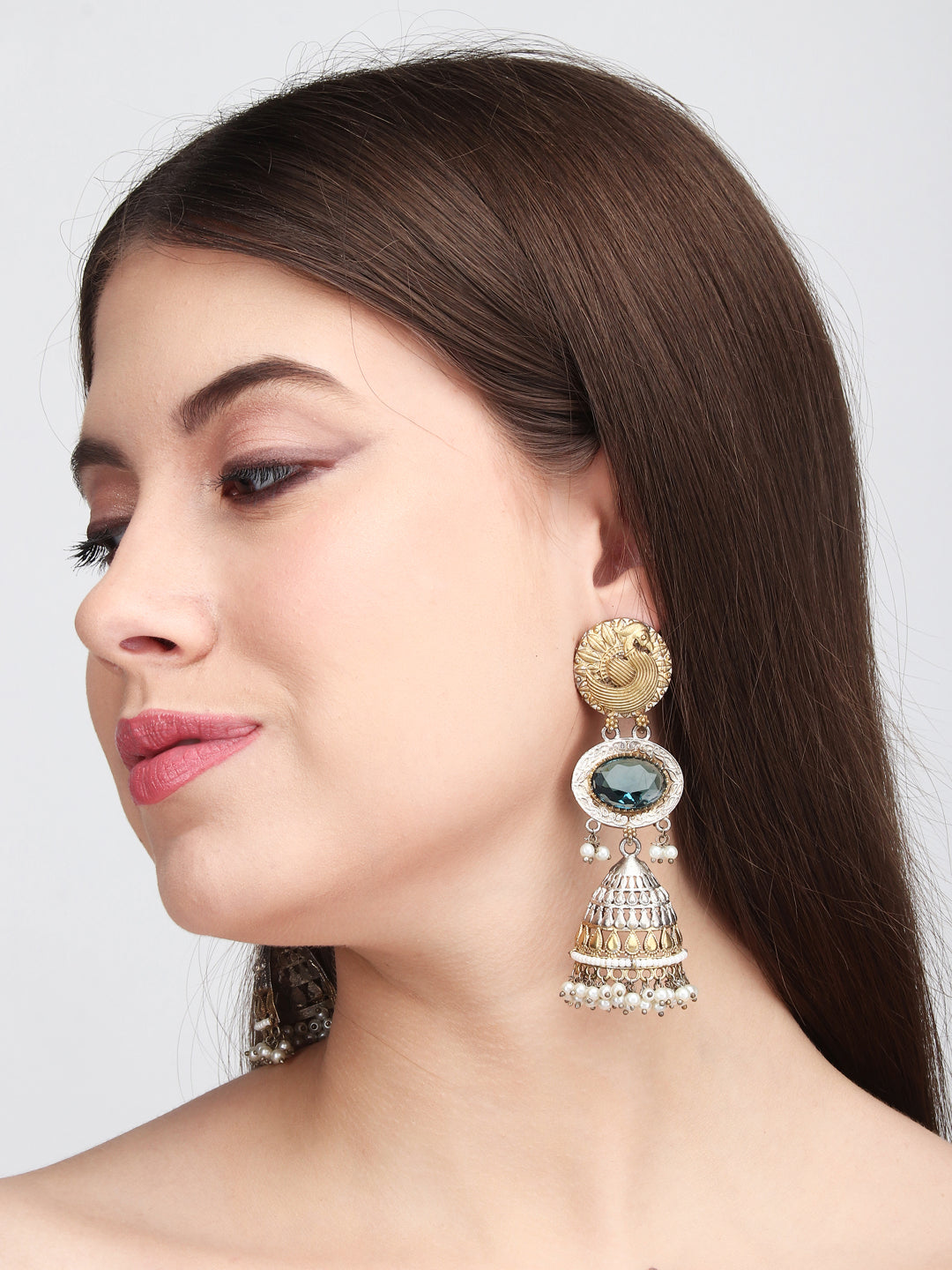 Contemporary Jhumka Style Earrings with Layered Glass & Embossed Metal Stud