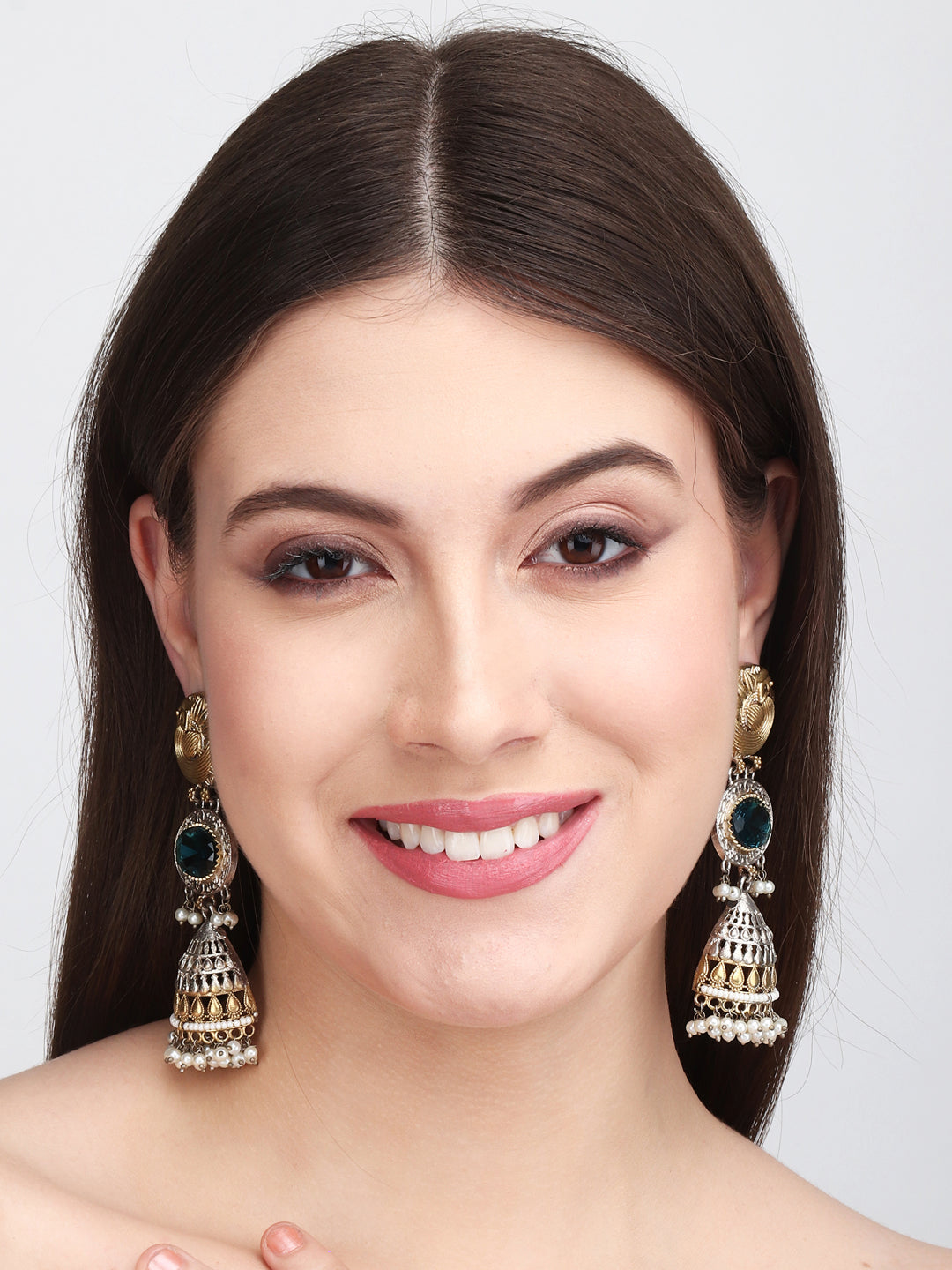 Contemporary Jhumka Style Earrings with Layered Glass & Embossed Metal Stud
