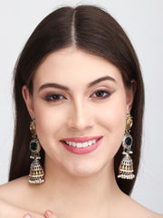 Contemporary Jhumka Style Earrings with Layered Glass & Embossed Metal Stud