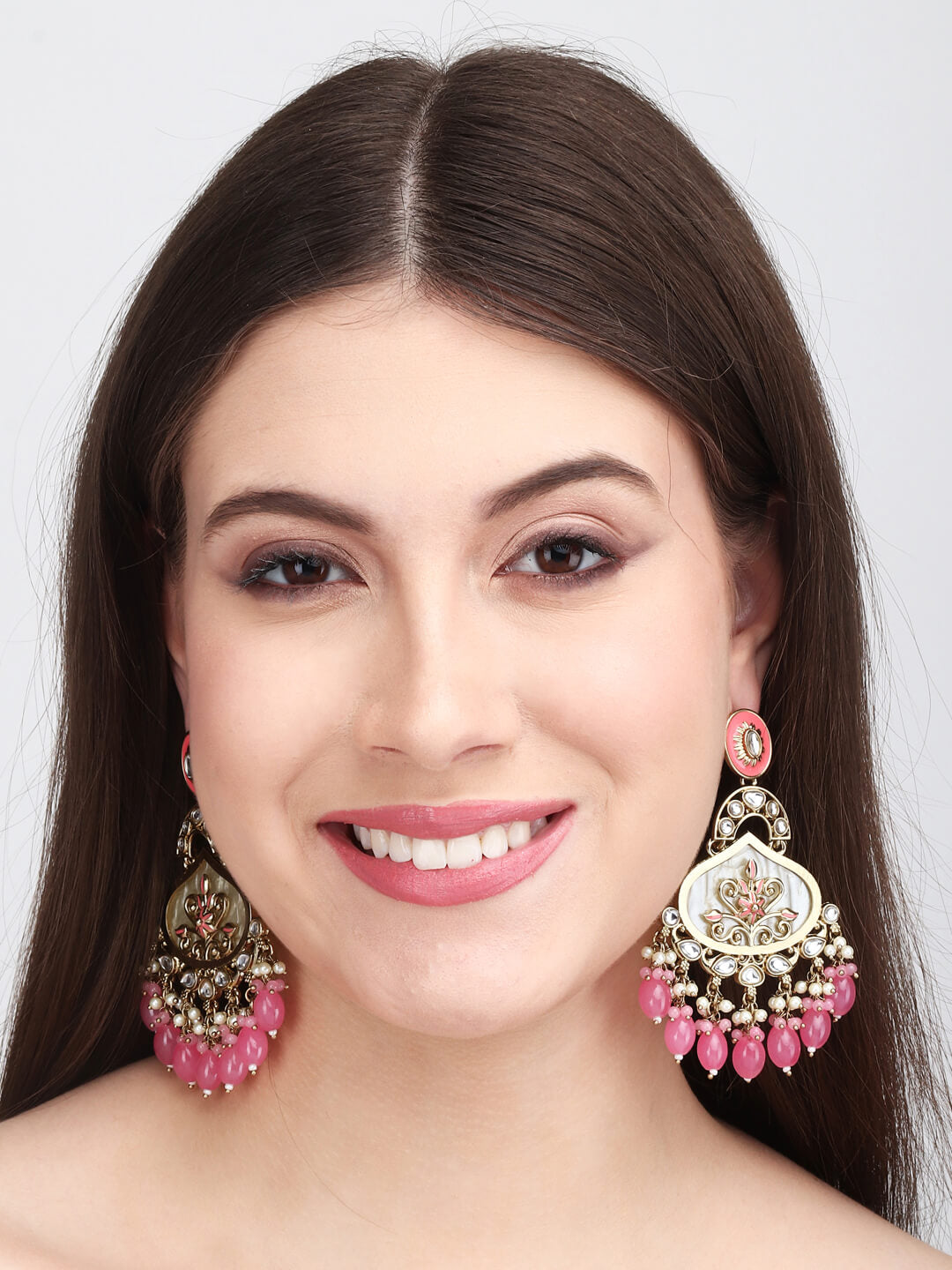 Mother of pearl Chandbali with Pink Meenakari & Pink pearl drops