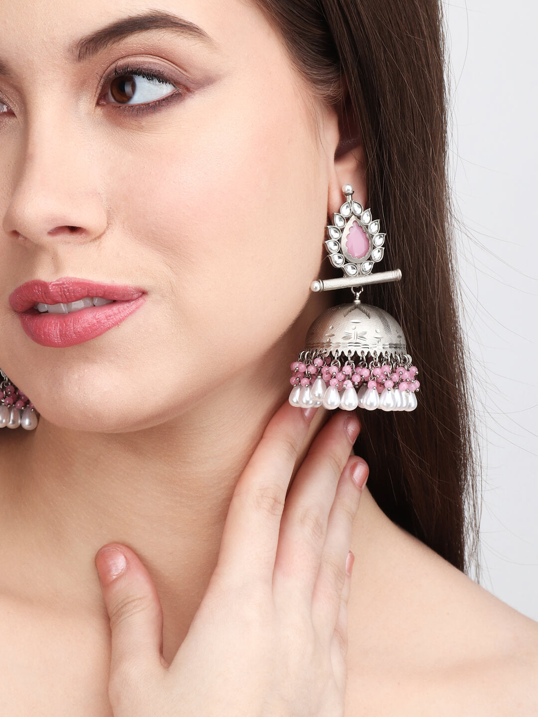 Matt Silver Contemporary Jhumka Pink