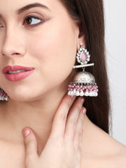 Matt Silver Contemporary Jhumka Pink