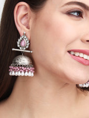 Matt Silver Contemporary Jhumka Pink