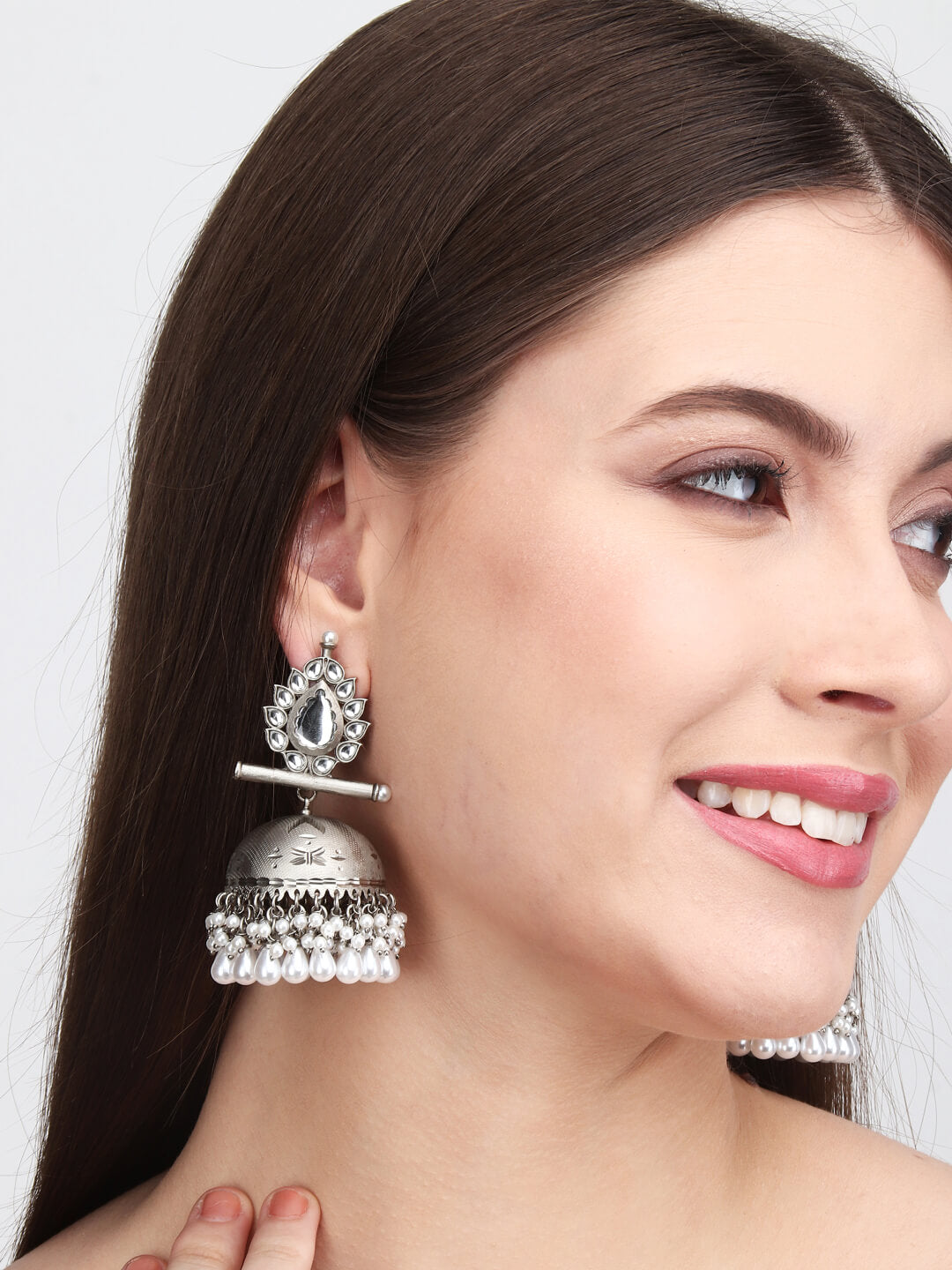 Matt Silver Contemporary Jhumka White