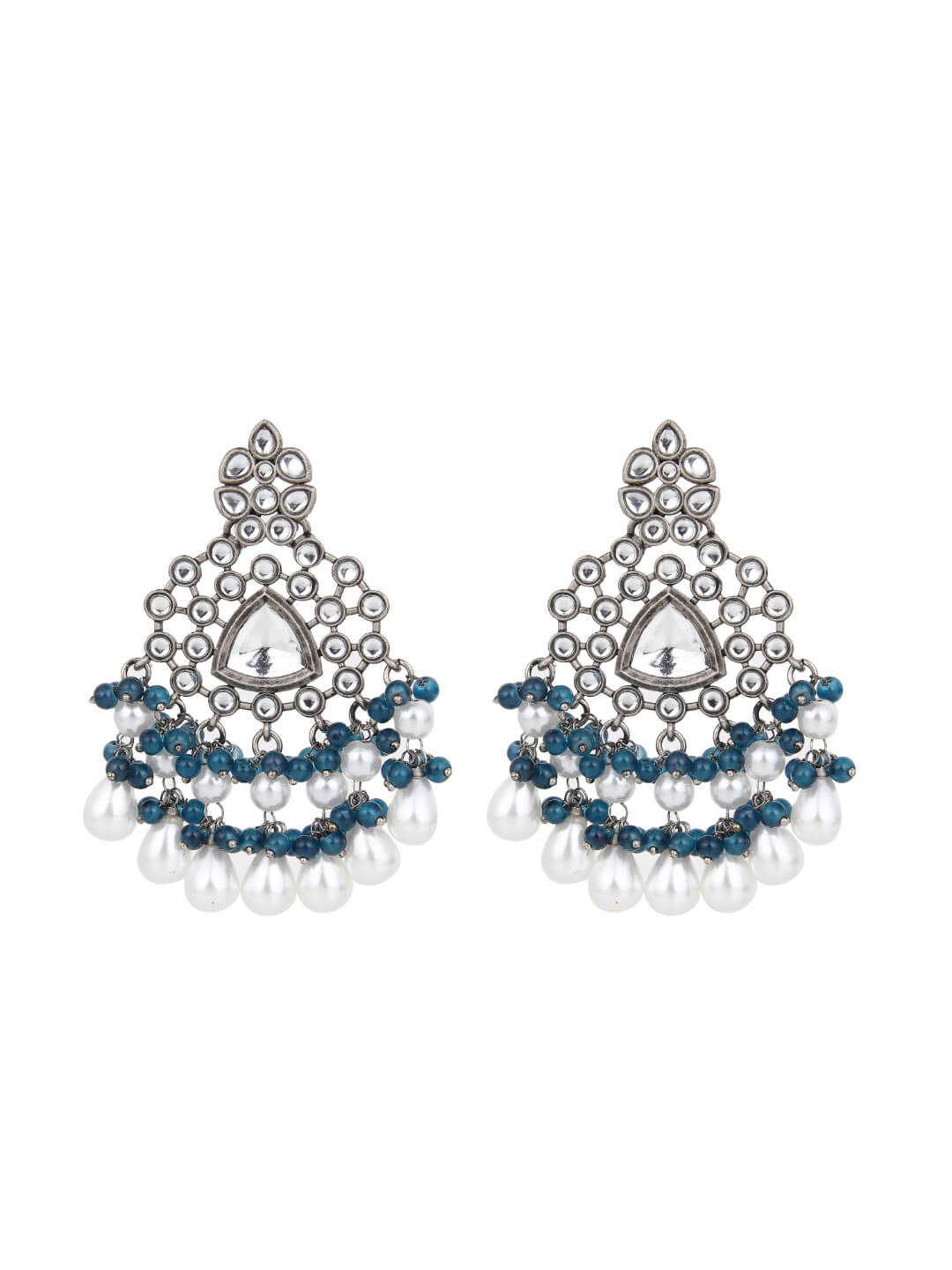 Silver Oxydised finish kundan Chandbali Blue