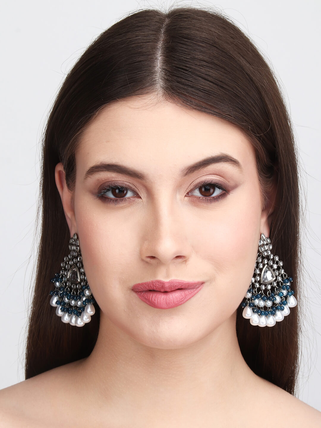 Silver Oxydised finish kundan Chandbali Blue