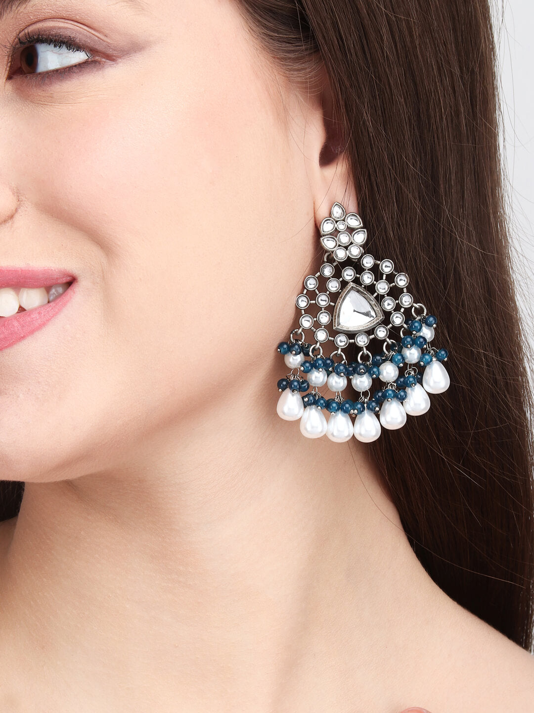 Silver Oxydised finish kundan Chandbali Blue