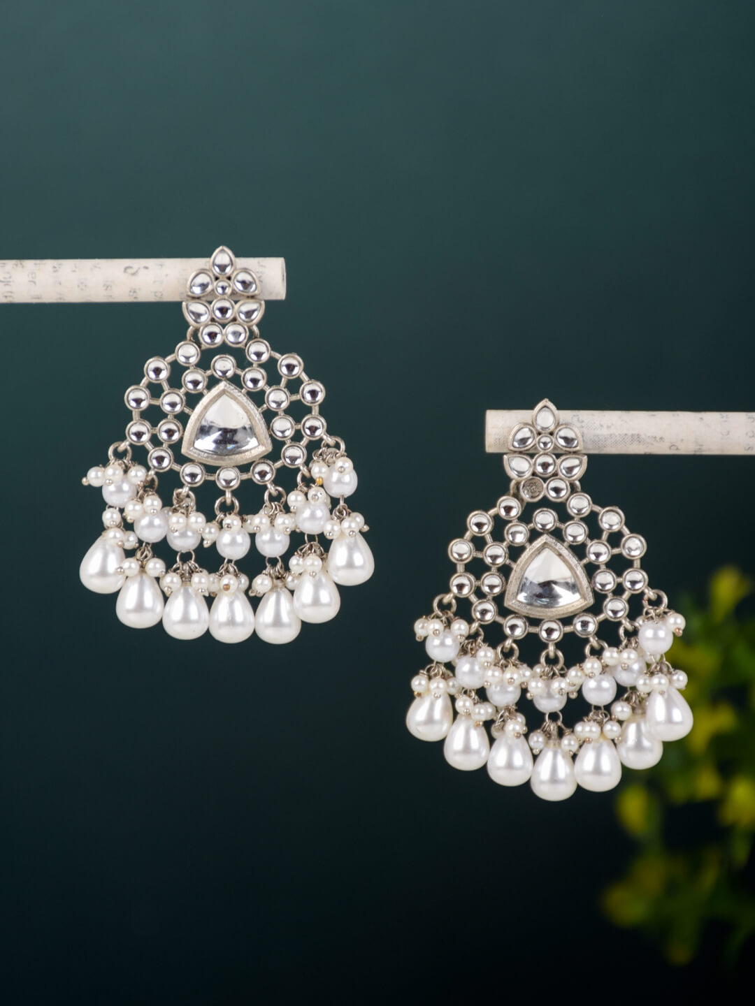 Silver Oxydised finish kundan Chandbali White