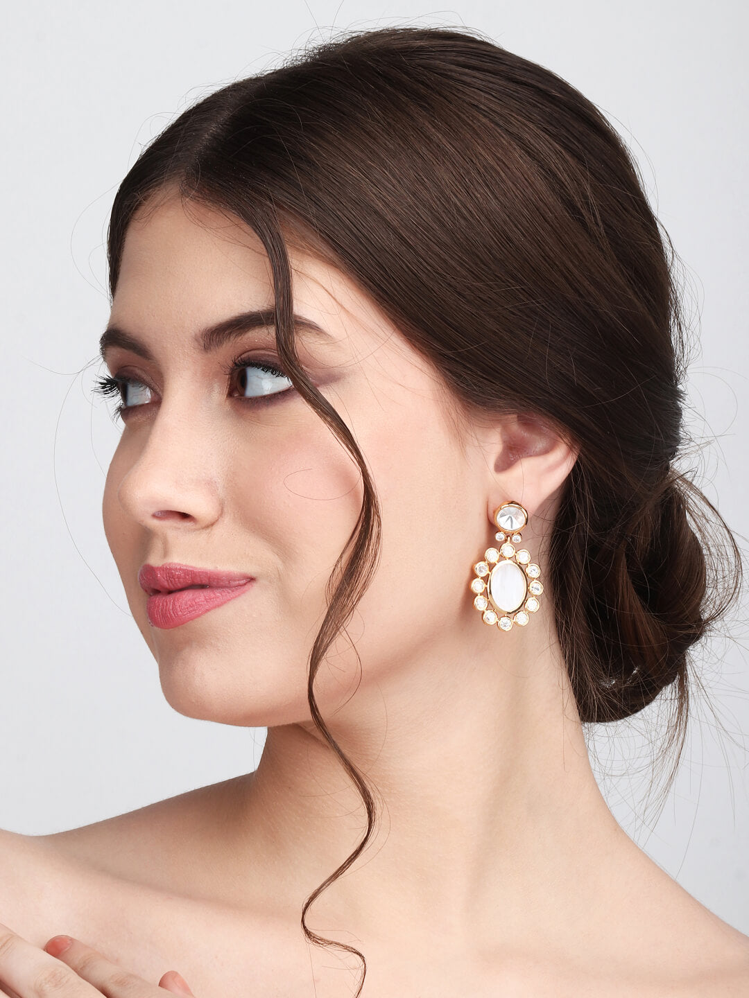 Oval-Shaped Drop Earrings with CZ, Moissanite Kundan & Mother of Pearl