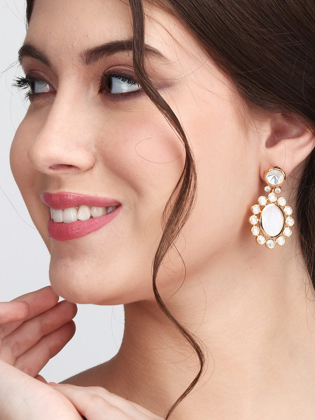 Oval-Shaped Drop Earrings with CZ, Moissanite Kundan & Mother of Pearl