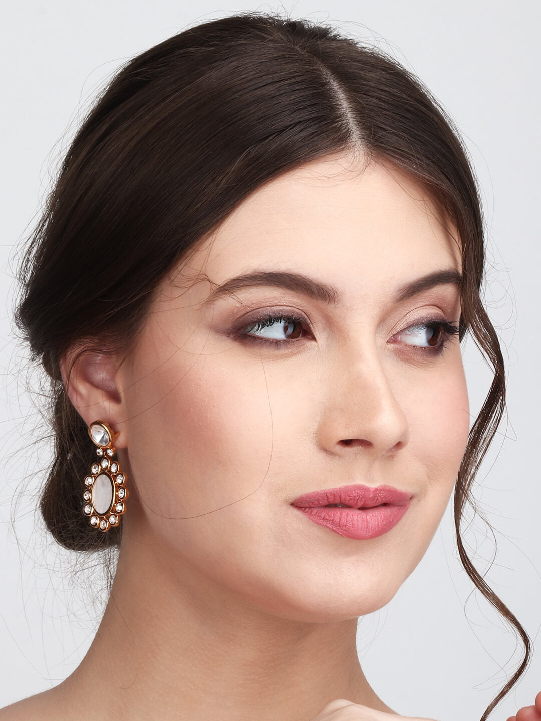 Oval-Shaped Drop Earrings with CZ, Moissanite Kundan & Mother of Pearl