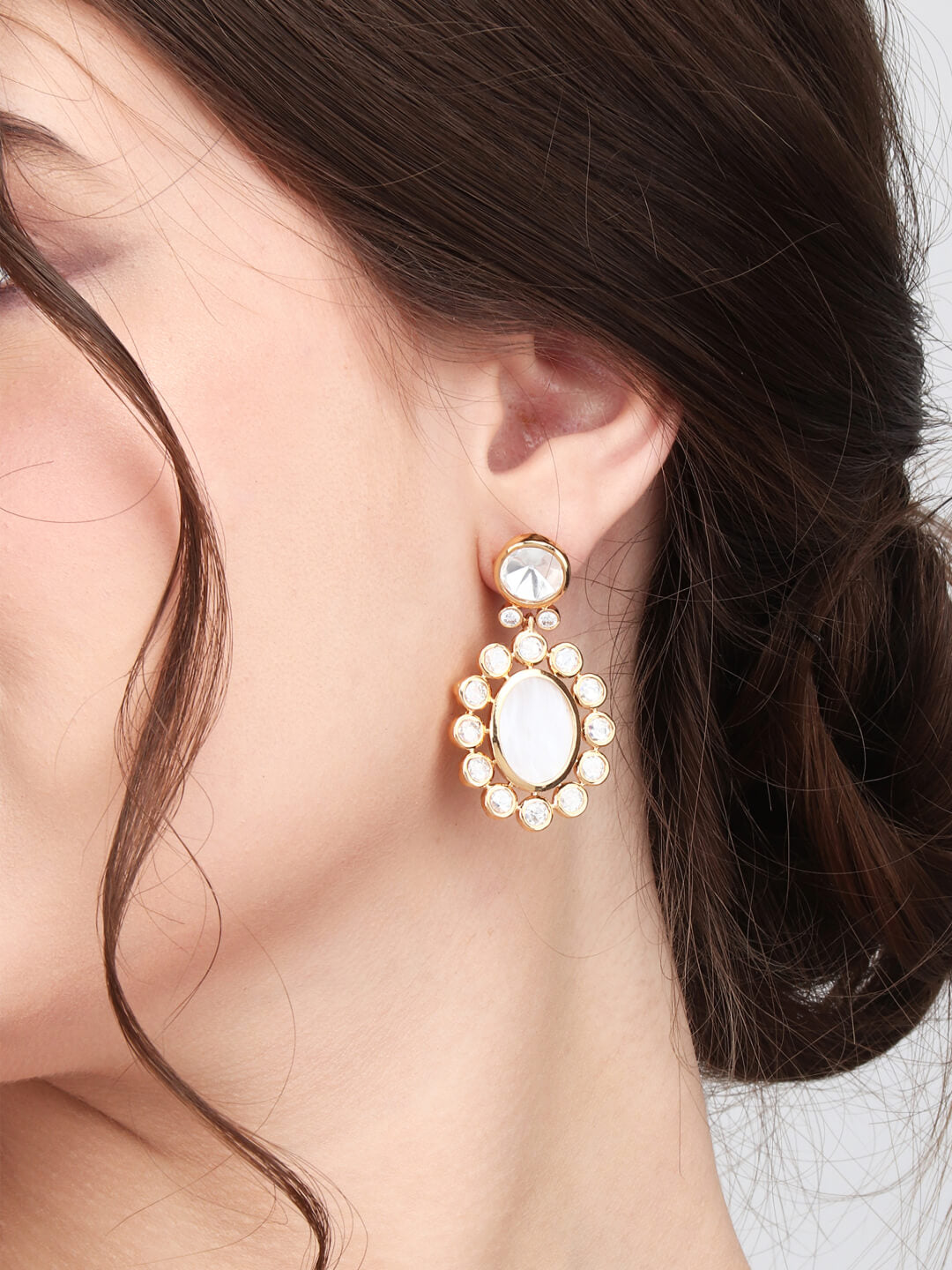 Oval-Shaped Drop Earrings with CZ, Moissanite Kundan & Mother of Pearl