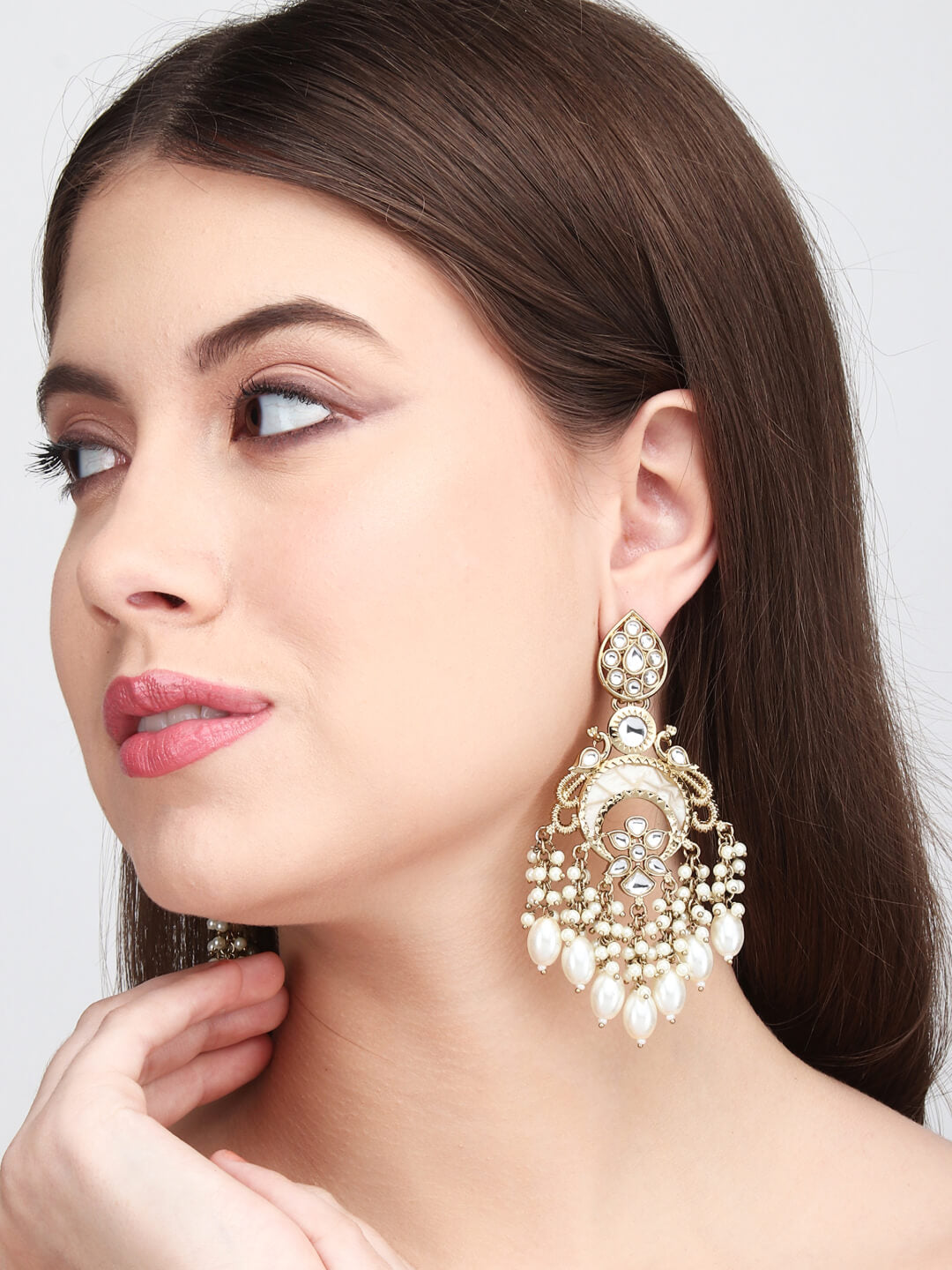 Mother of pearl Chandbali with Kundan & pearl drop