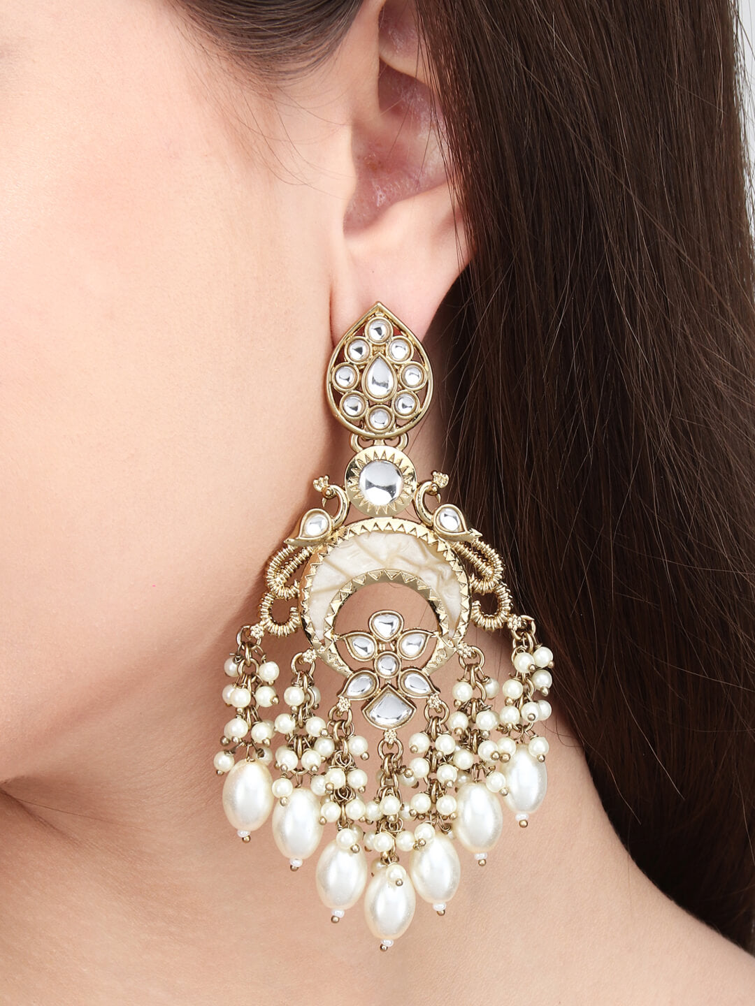 Mother of pearl Chandbali with Kundan & pearl drop