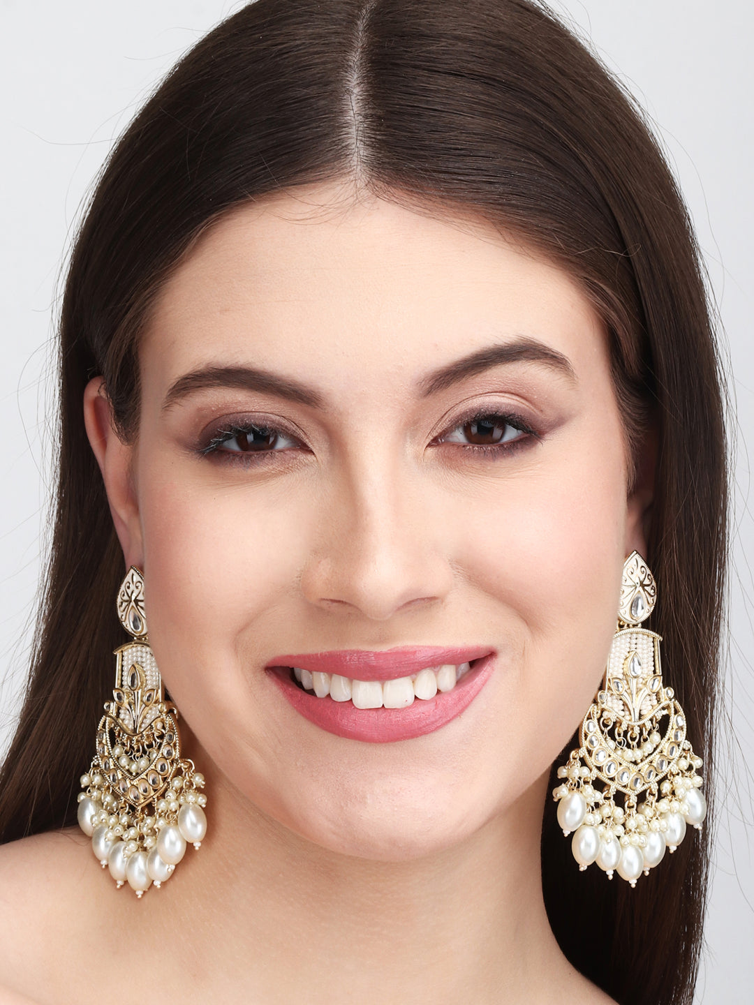 Gold-Plated Chandbali Earrings with Kundan & Artificial Pearl Drops