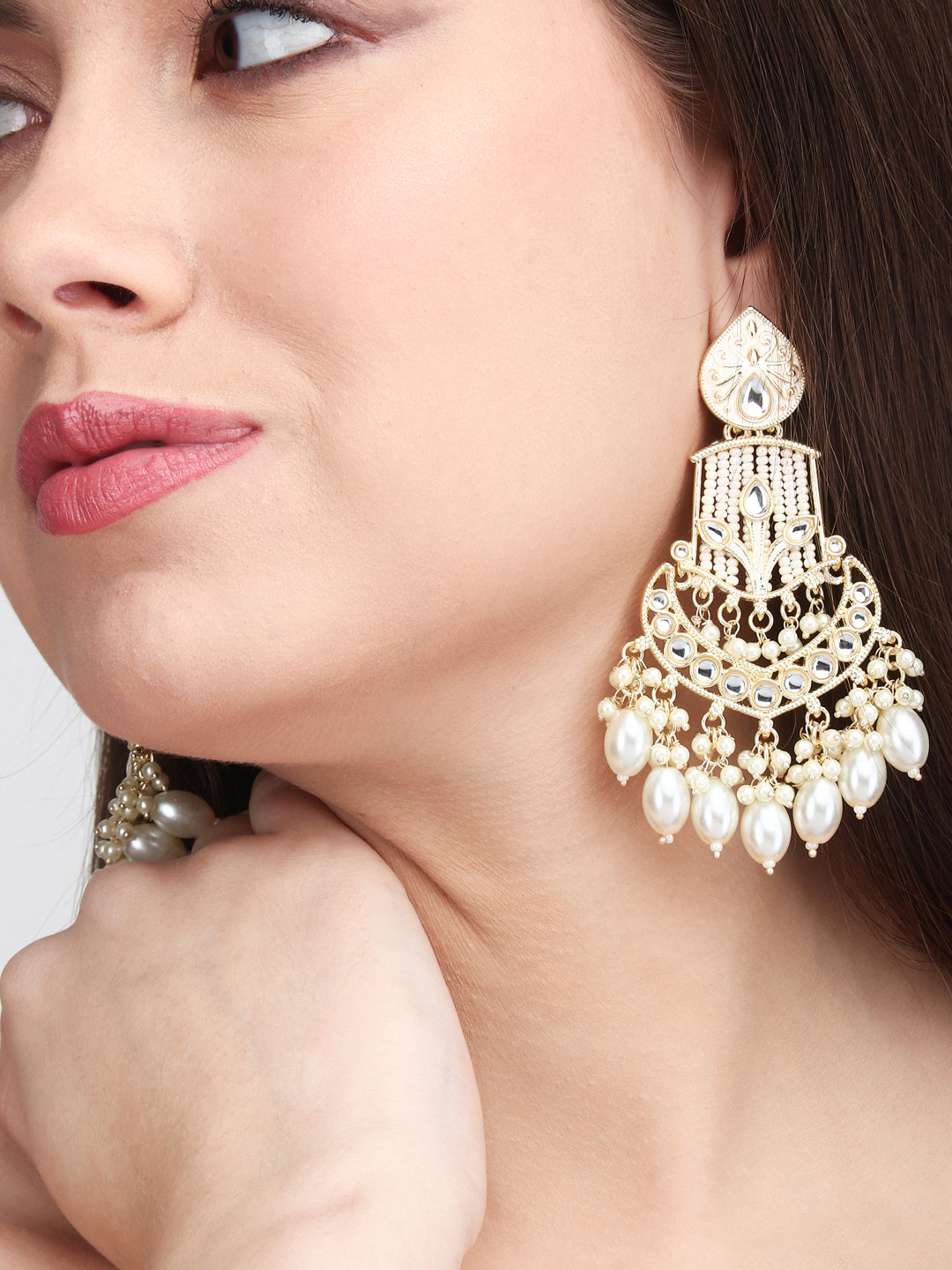 Gold-Plated Chandbali Earrings with Kundan & Artificial Pearl Drops