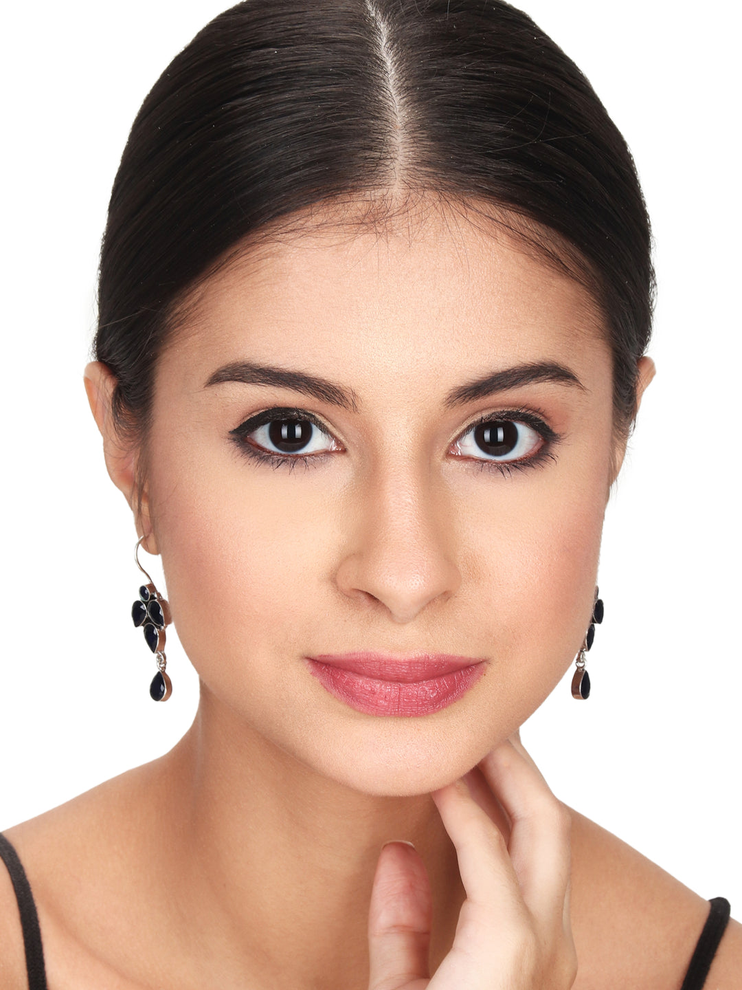 Silver Oxydised finish drop Earring with Blue AD stone