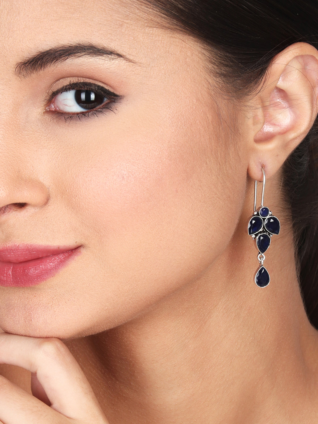 Silver Oxydised finish drop Earring with Blue AD stone
