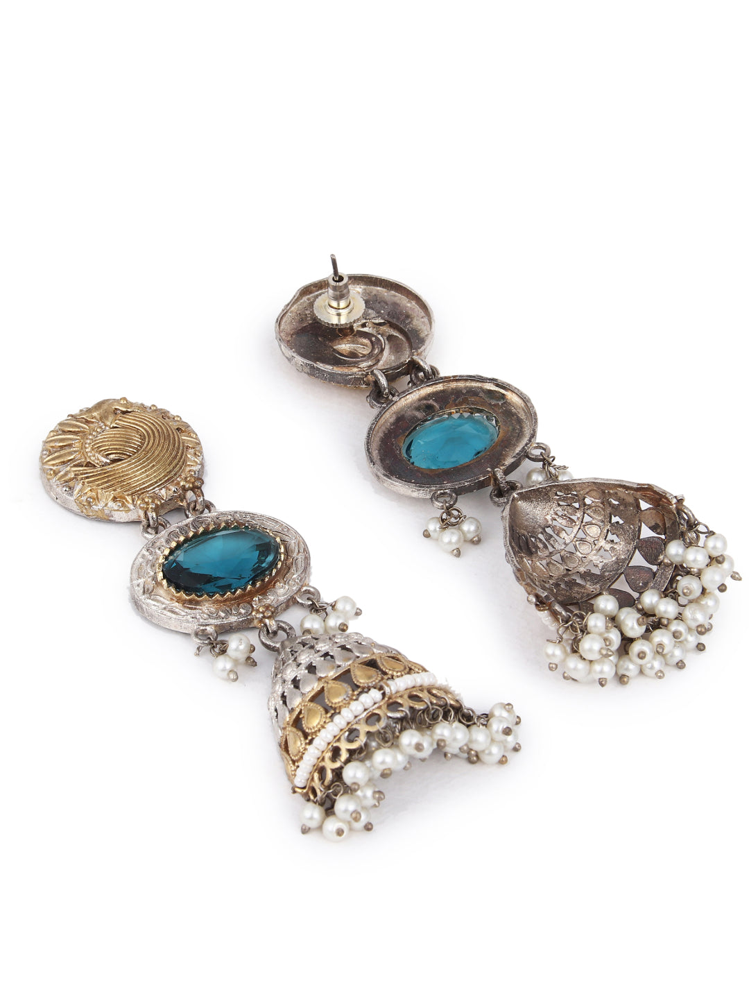 Contemporary Jhumka Style Earrings with Layered Glass & Embossed Metal Stud