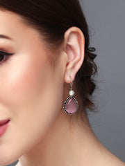 Silver Oxydised Pink drop earring