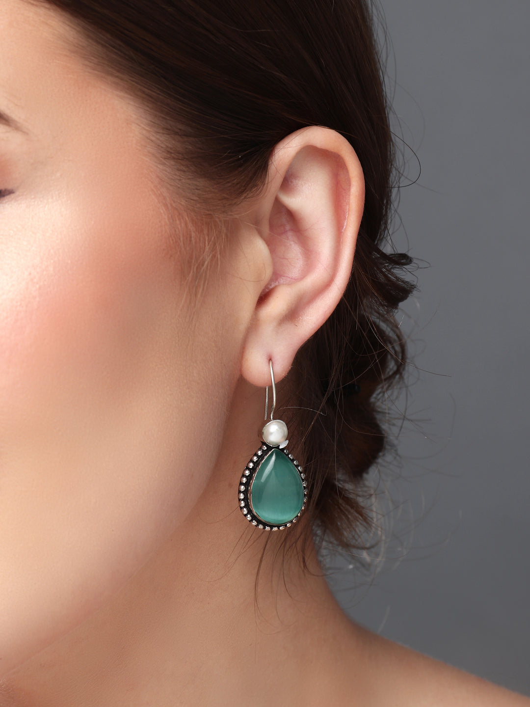 Silver Oxydised Mint drop earring
