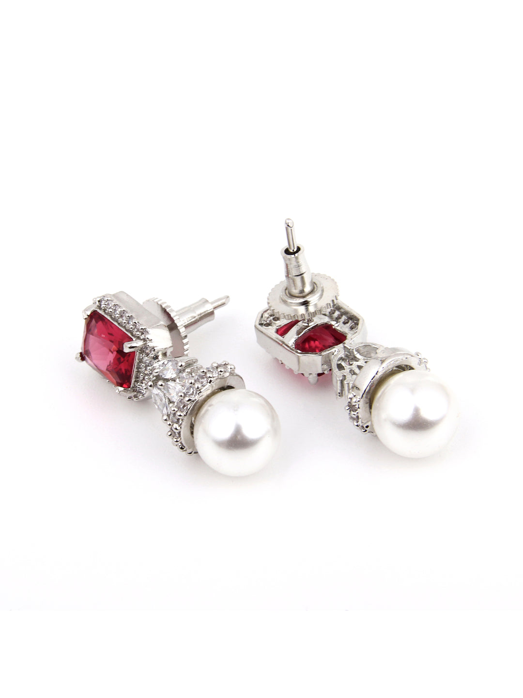 Rhodium Plated Suqre CZ stone Studs Earring Red