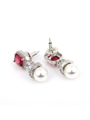 Rhodium Plated Suqre CZ stone Studs Earring Red
