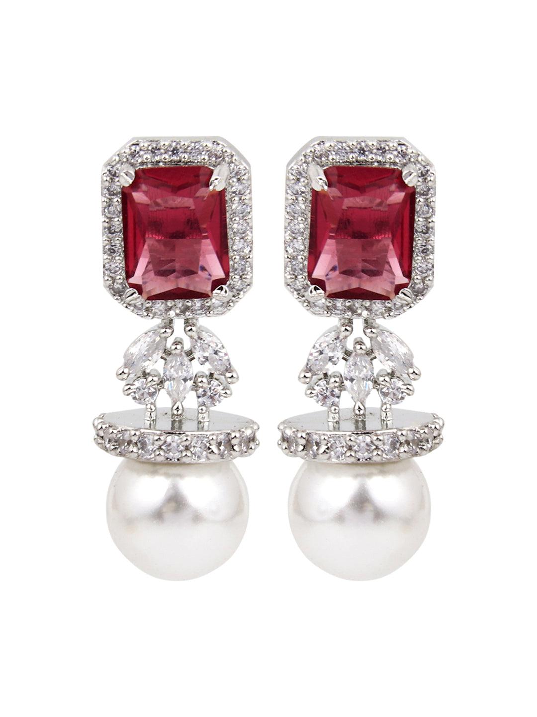 Rhodium Plated Suqre CZ stone Studs Earring Red