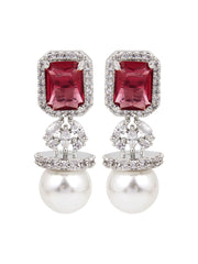 Rhodium Plated Suqre CZ stone Studs Earring Red
