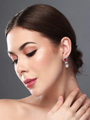 Rhodium Plated Suqre CZ stone Studs Earring Red