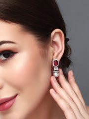 Rhodium Plated Suqre CZ stone Studs Earring Red