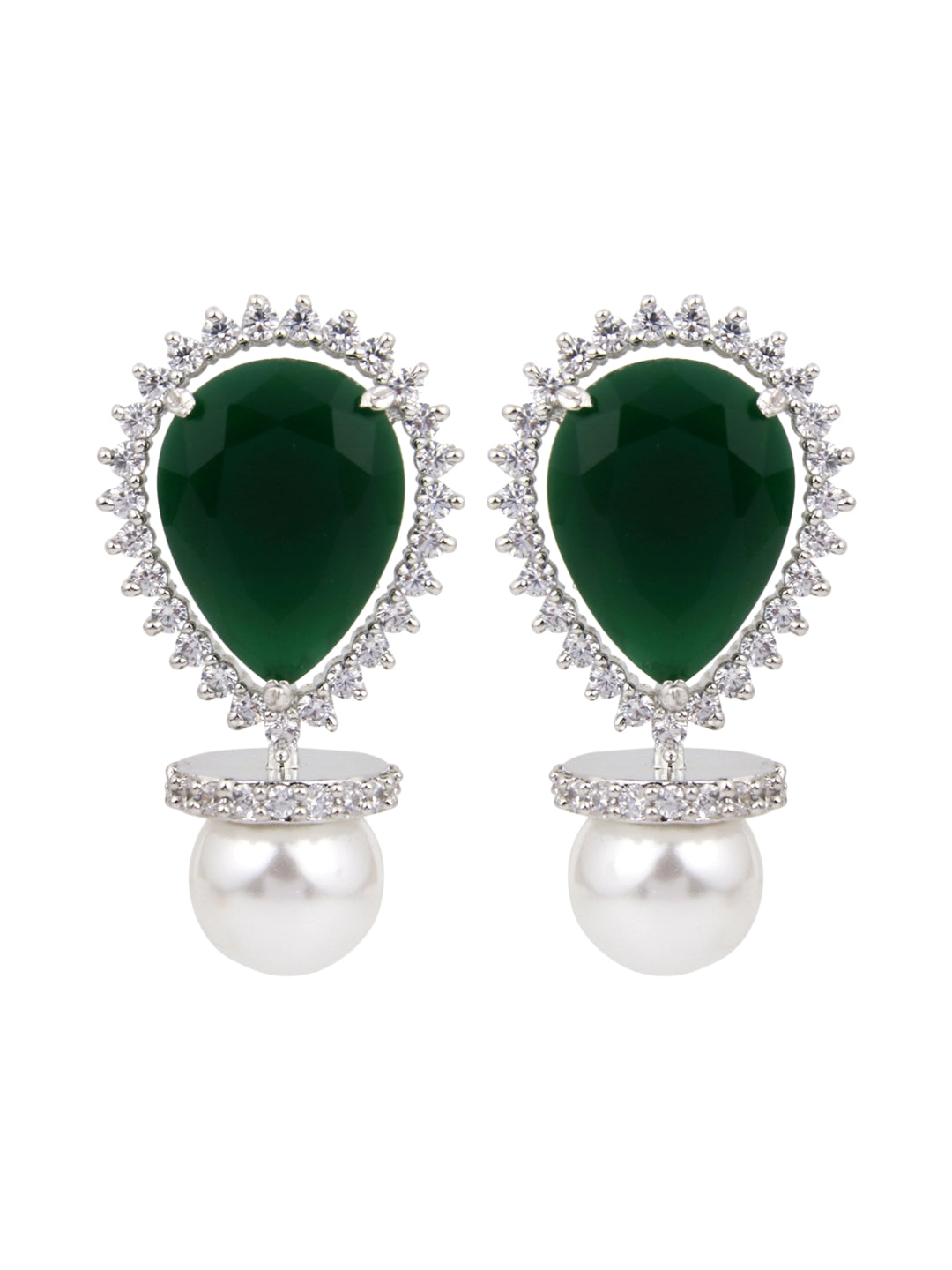 Rhodium-Plated Pear-Shaped CZ Stud Earrings Green