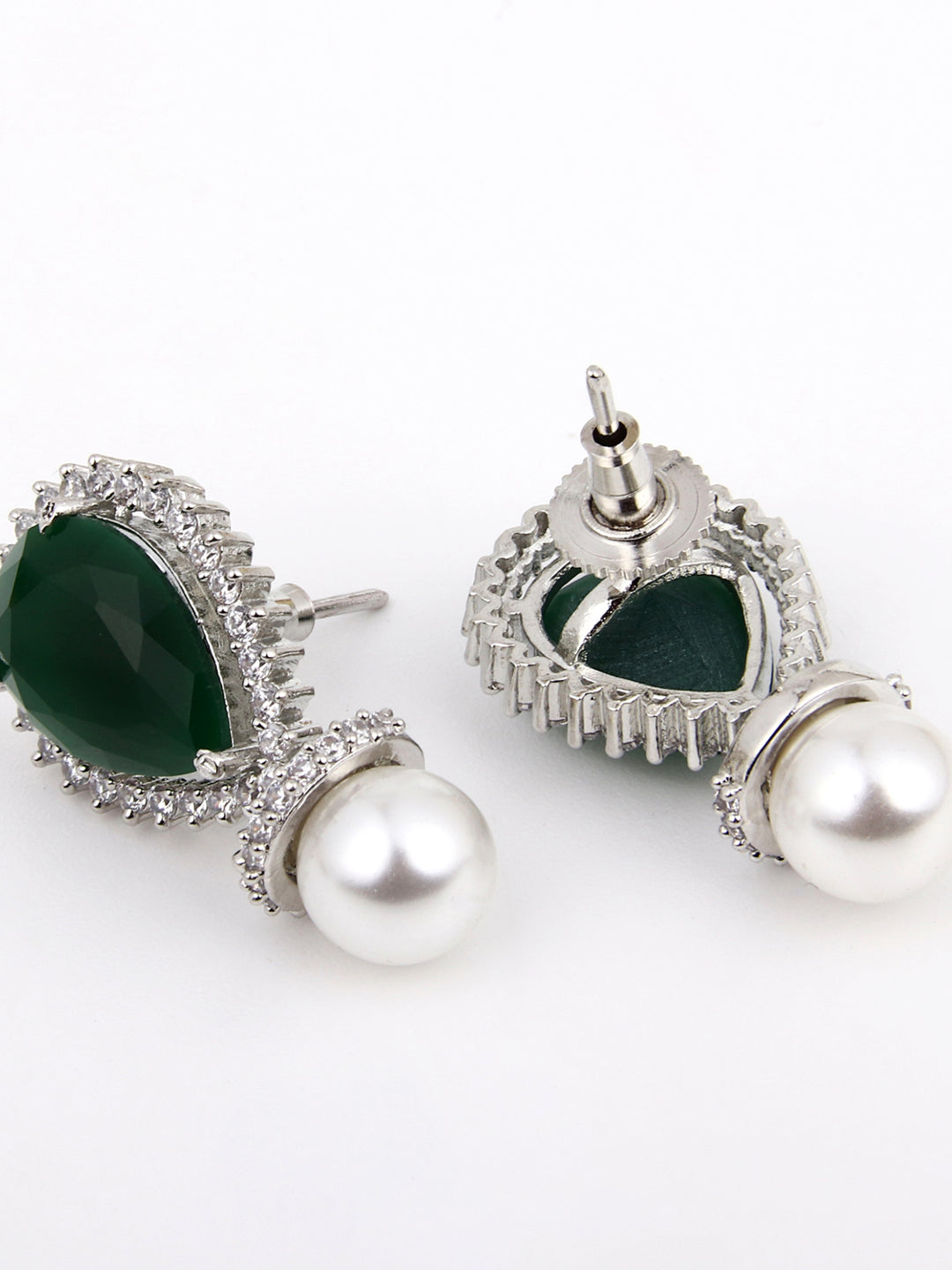 Rhodium-Plated Pear-Shaped CZ Stud Earrings Green
